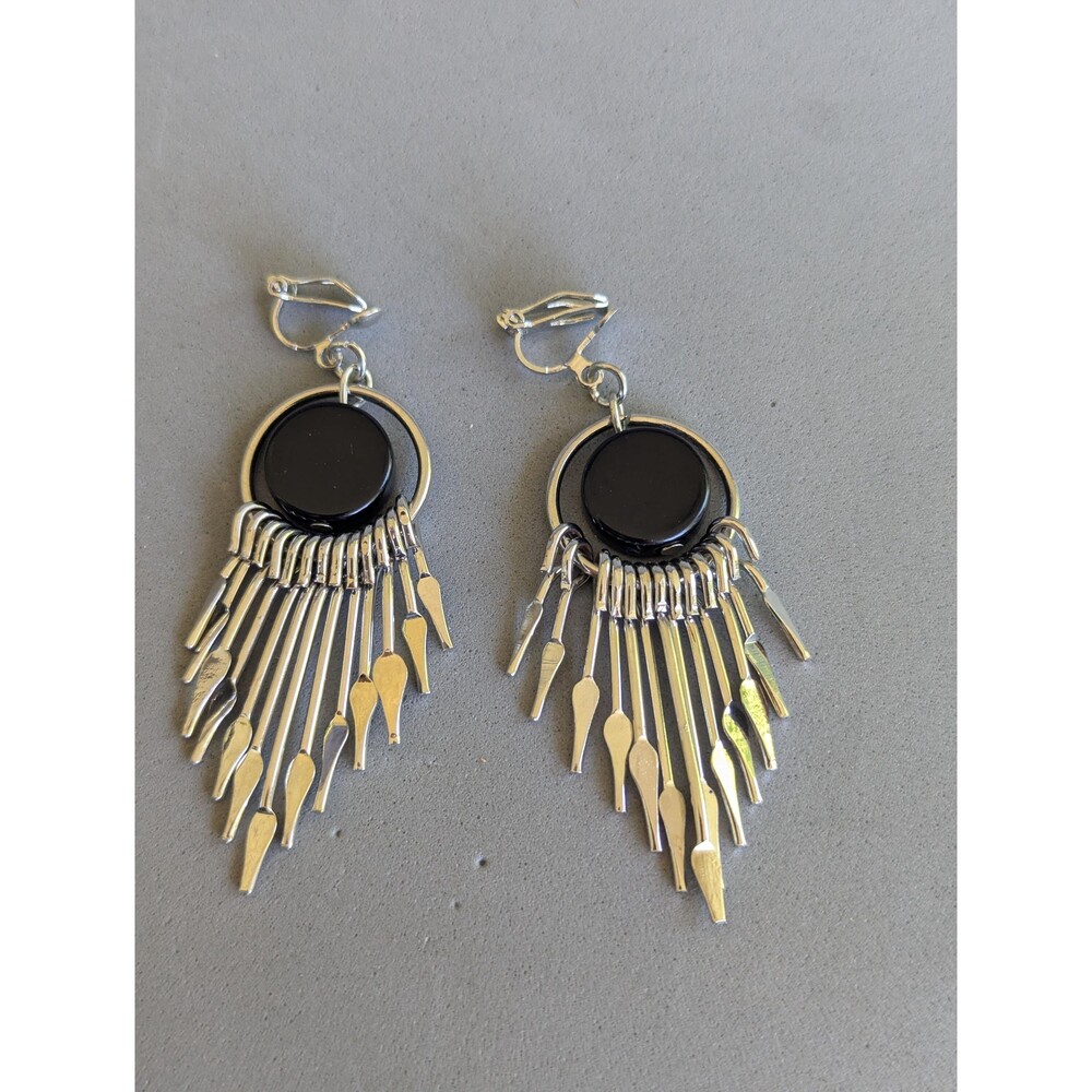 Vintage Black Lucite Fringe Clip On Earrings Silver Tone Modernist Statement
